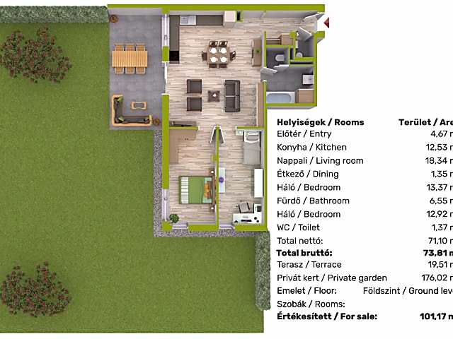 Eladó 3 szobás, kertkapcsolatos lakás saját kerttel a Palota Ligetben #1
